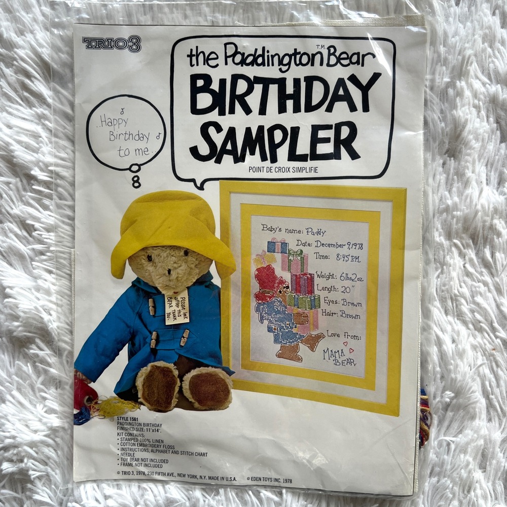 1978 Eden Toys Paddington Bear Birthday Sampler‎ Stamped Cross Stitch Kit #156